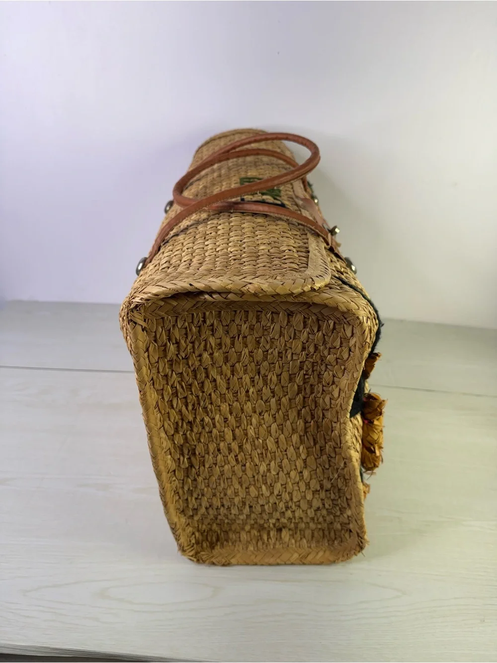 Vtg 60s Mexico Straw Woven Large Shopper Tote Beach Bag w 3D Rattan Flowers - Picture 4 of 10